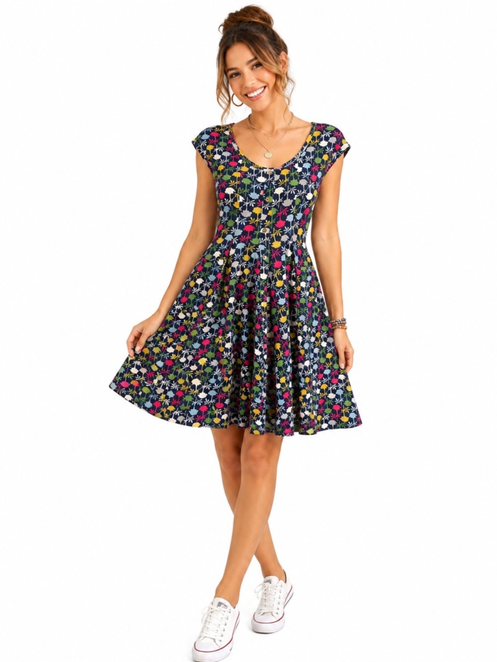 Effie's Heart Floral Fit & Flare Dress Navy Retro Cottagecore Twee Medium